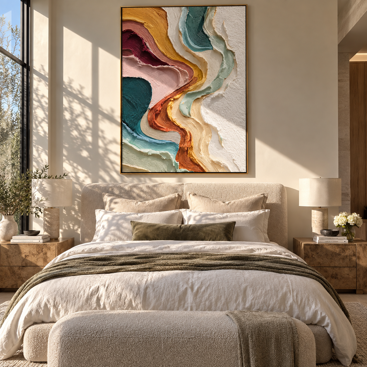 Chromatic Passage Ascending styled above a bed in a calm, layered bedroom interior