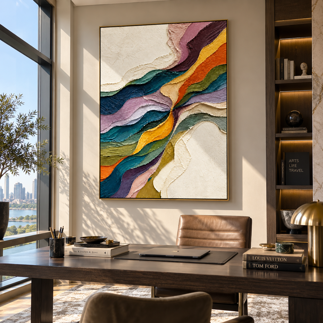 Ribbons Gather in Light displayed above a living room sofa in a warm modern interior