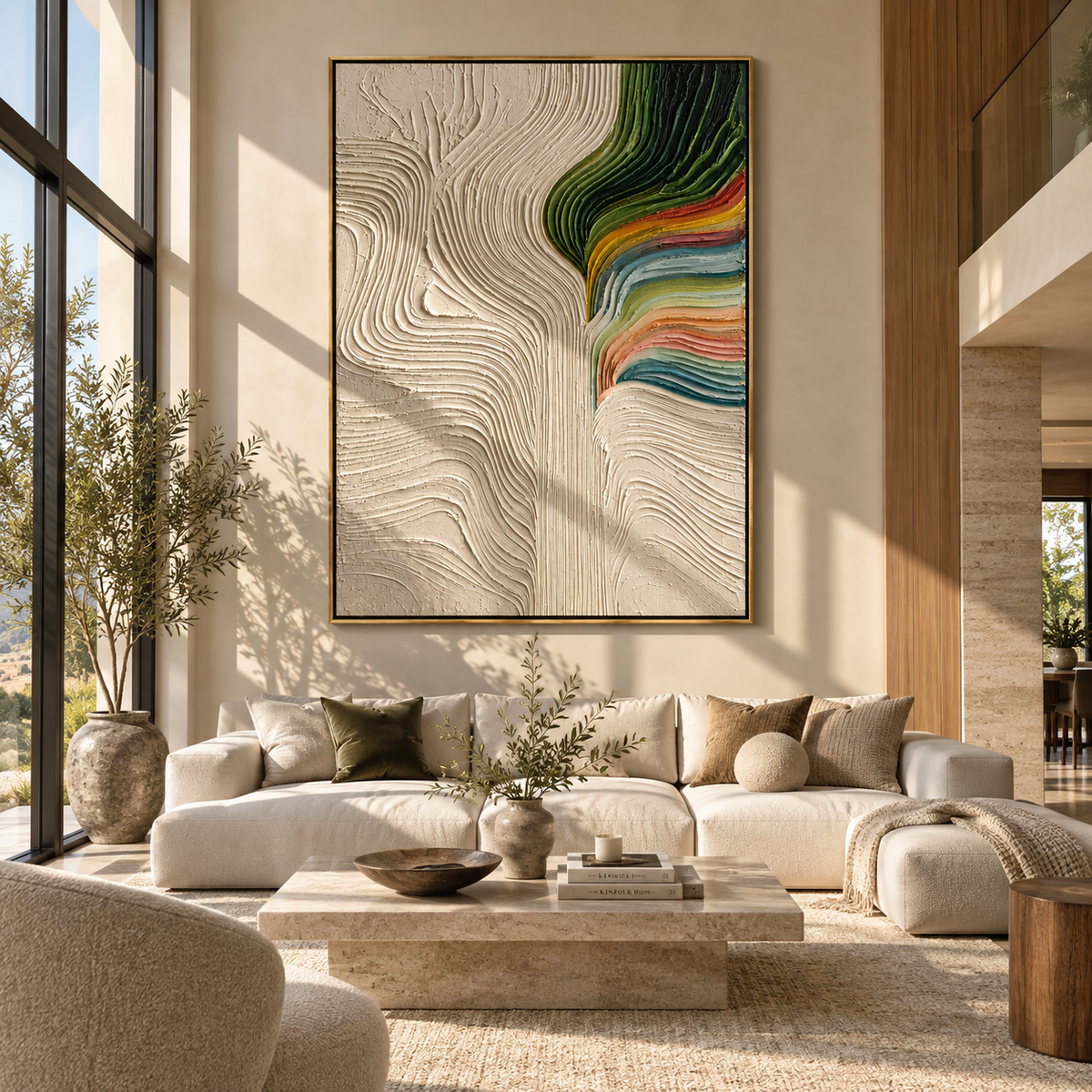 Spectrum Turns Through Ivory displayed above a living room sofa in a warm modern interior