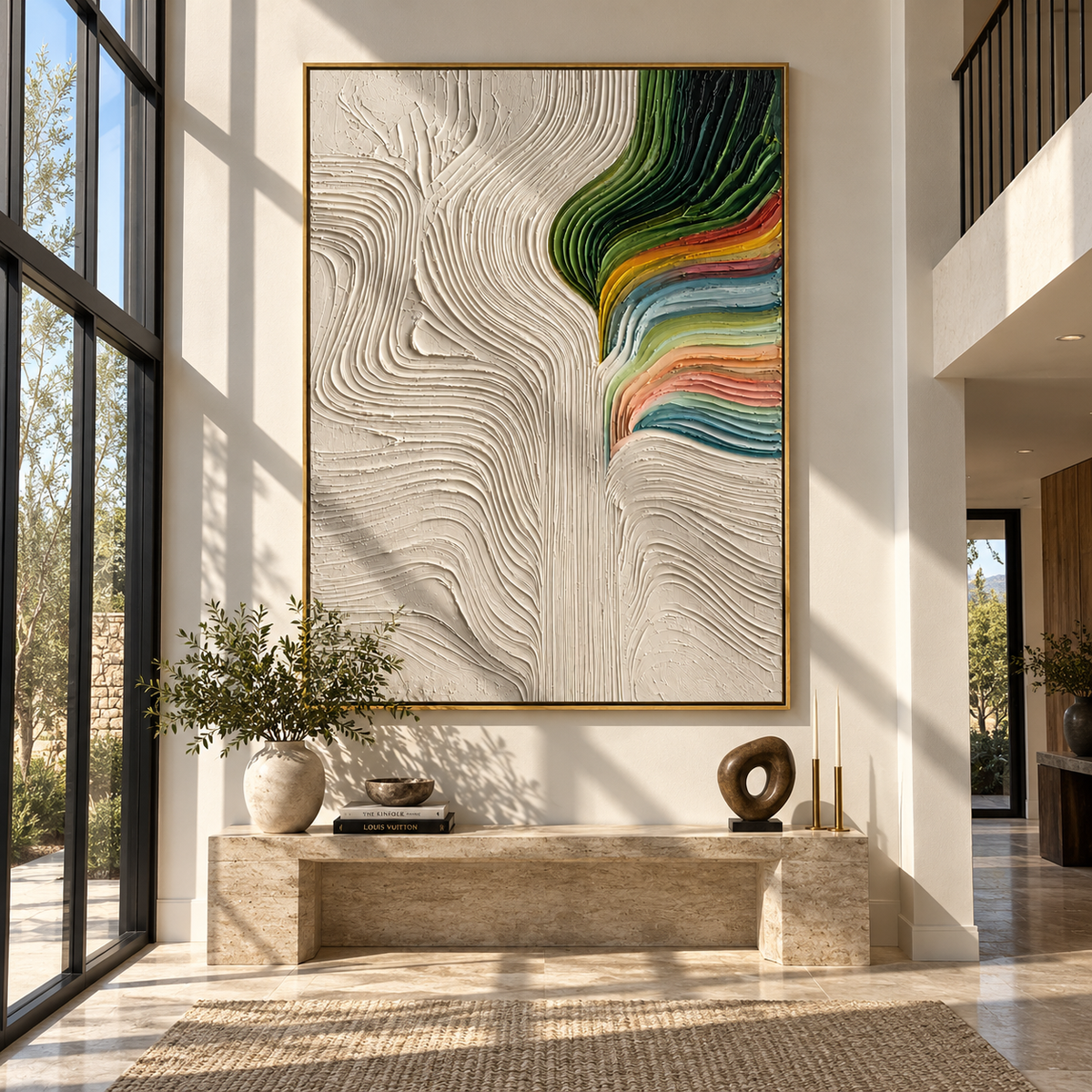 Spectrum Turns Through Ivory presented over an entryway console in a contemporary home