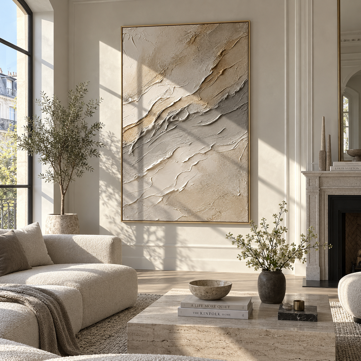 Quiet Stone Current beige white neutral textured painting displayed in a modern interior