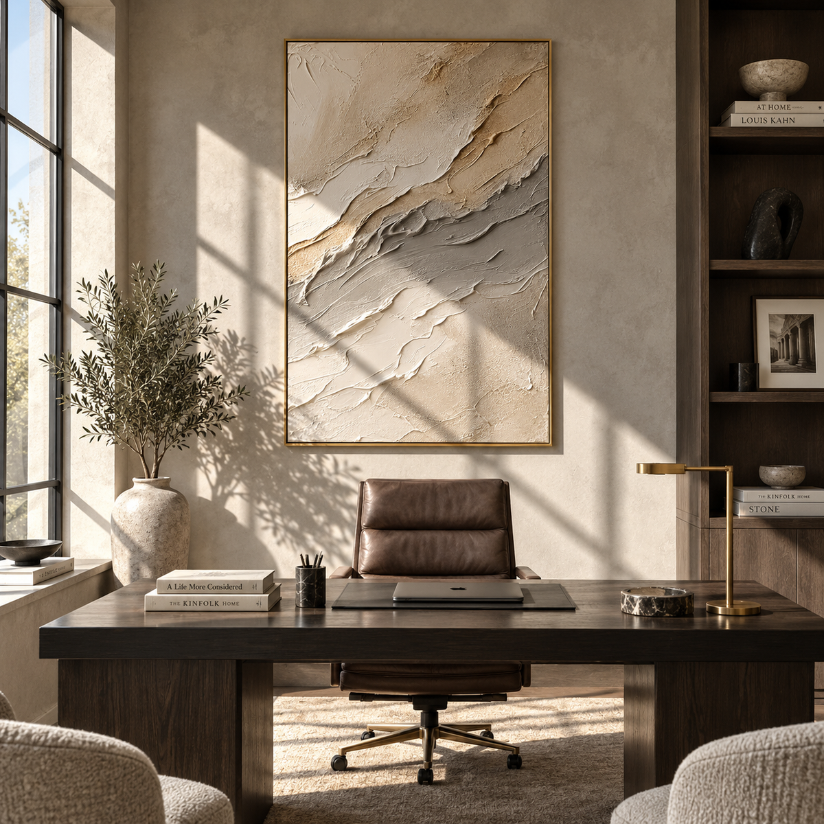 Quiet Stone Current textured wall art shown above contemporary furnishings