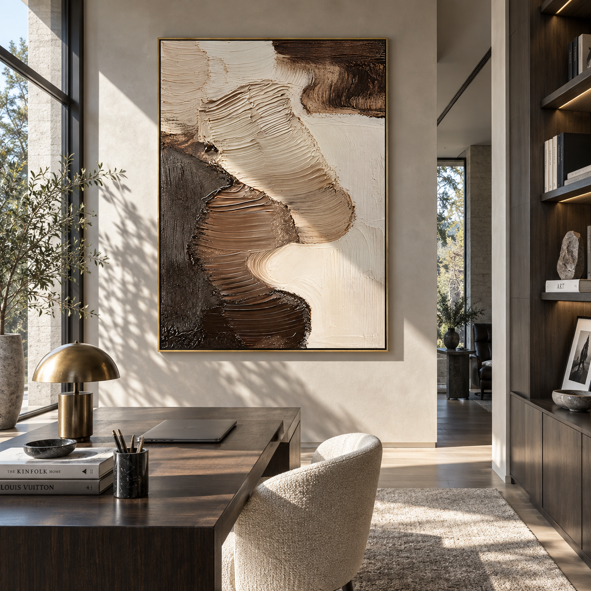 Earth Forms Interlock brown cream organic abstract painting displayed in a modern interior