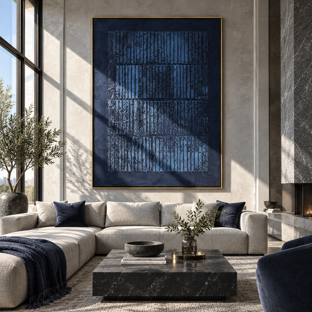 Midnight Grid Archive navy geometric textured painting displayed in a modern interior
