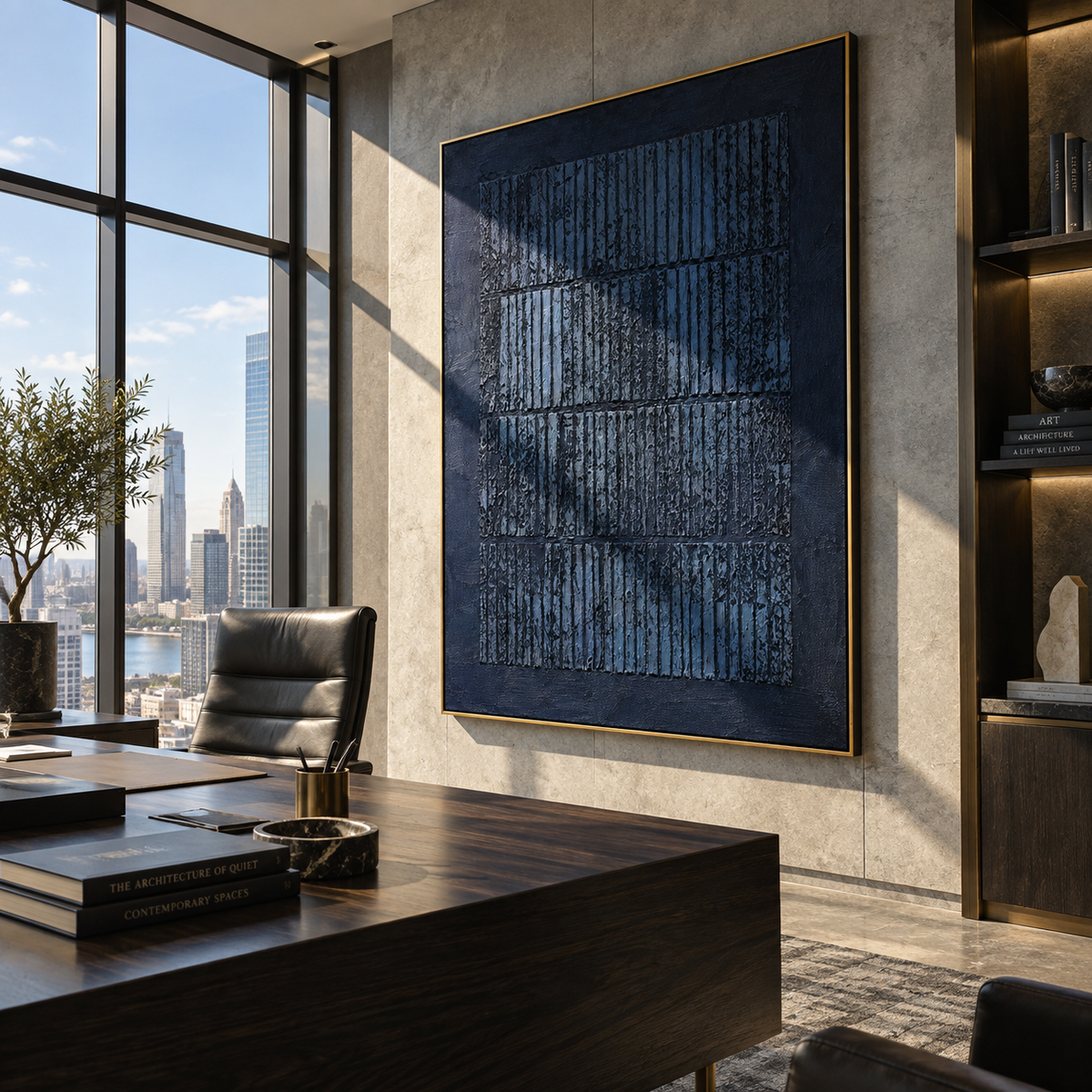 Midnight Grid Archive displayed with natural materials and modern decor