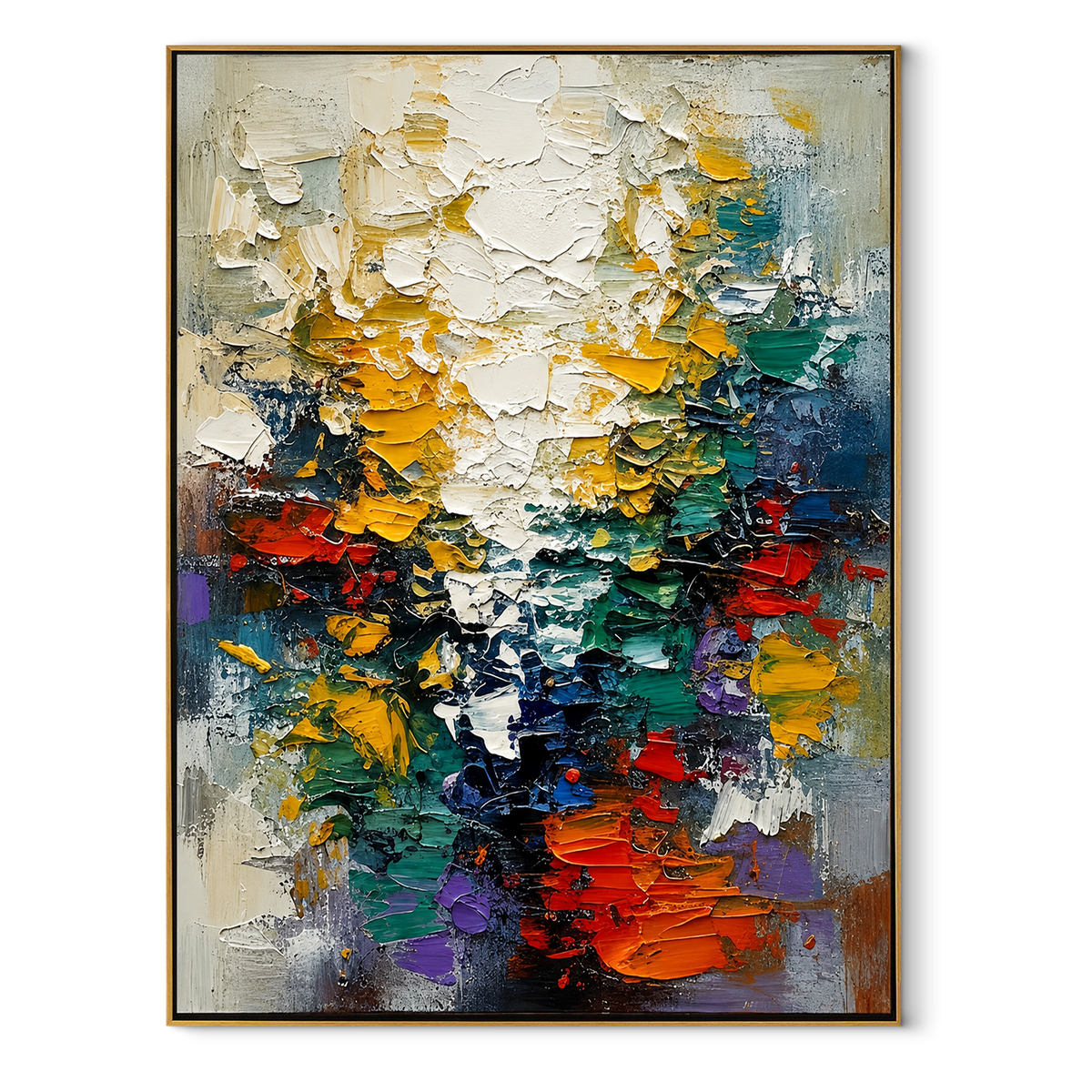 Color Fragments Rise vertical canvas artwork in a wood frame on white