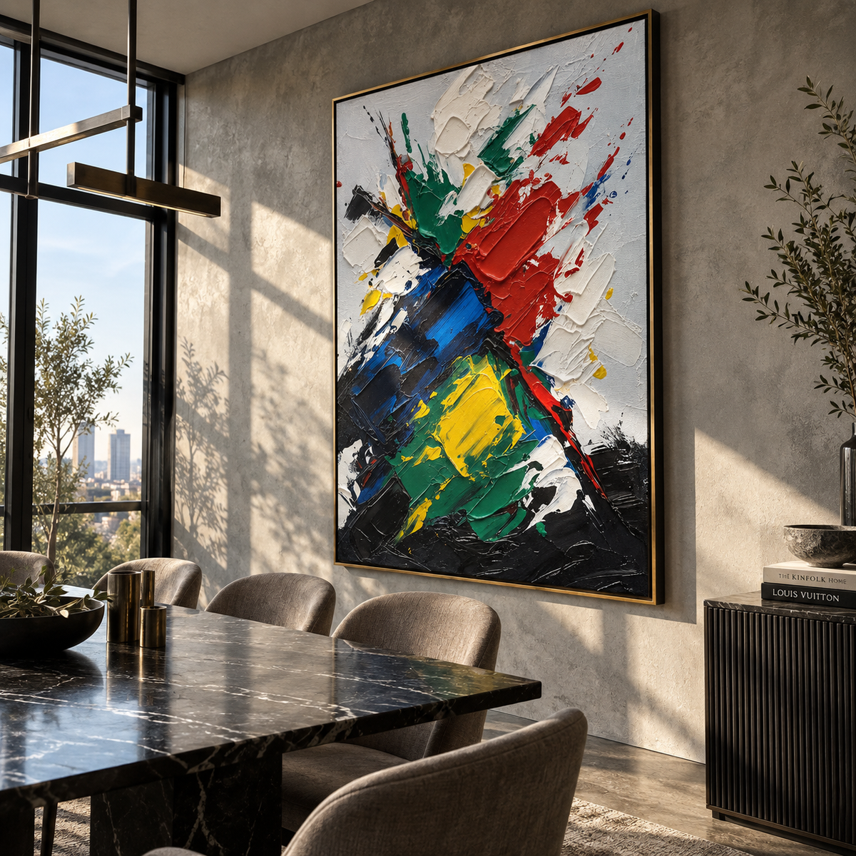 Primary Strokes Collide textured wall art shown above contemporary furnishings