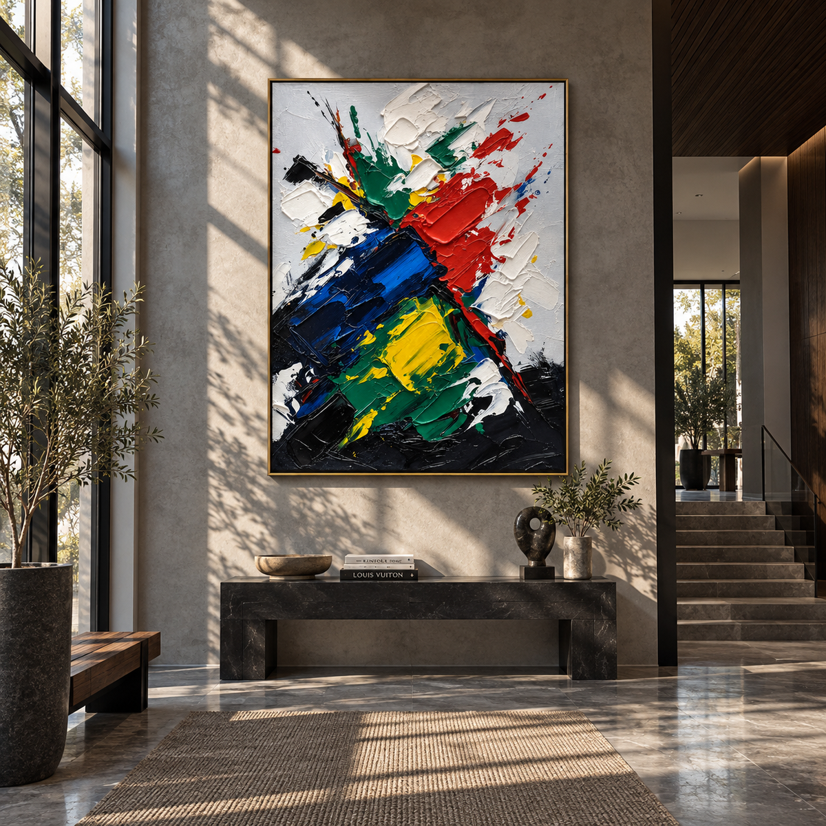 Primary Strokes Collide displayed with natural materials and modern decor