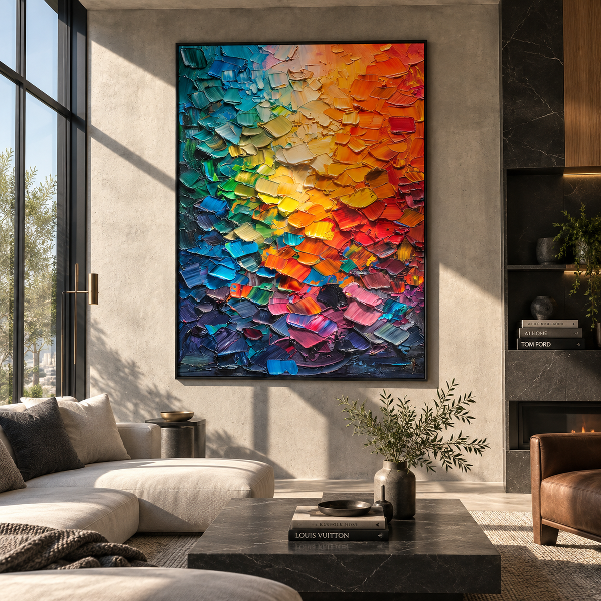 Spectrum Tiles Bloom rainbow color textured painting displayed in a modern interior