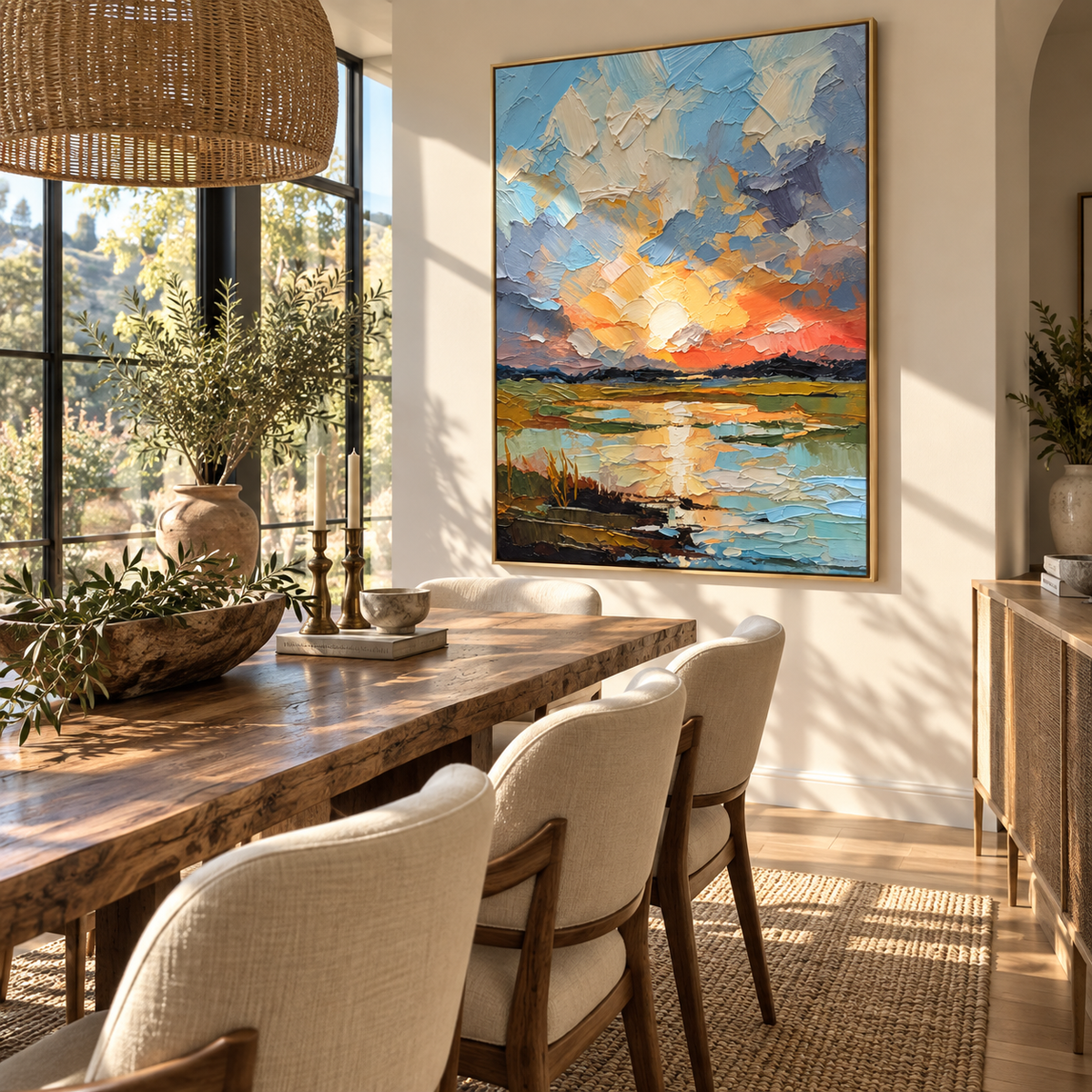 Sunset Breaks Over Water vertical painting styled as a refined focal point