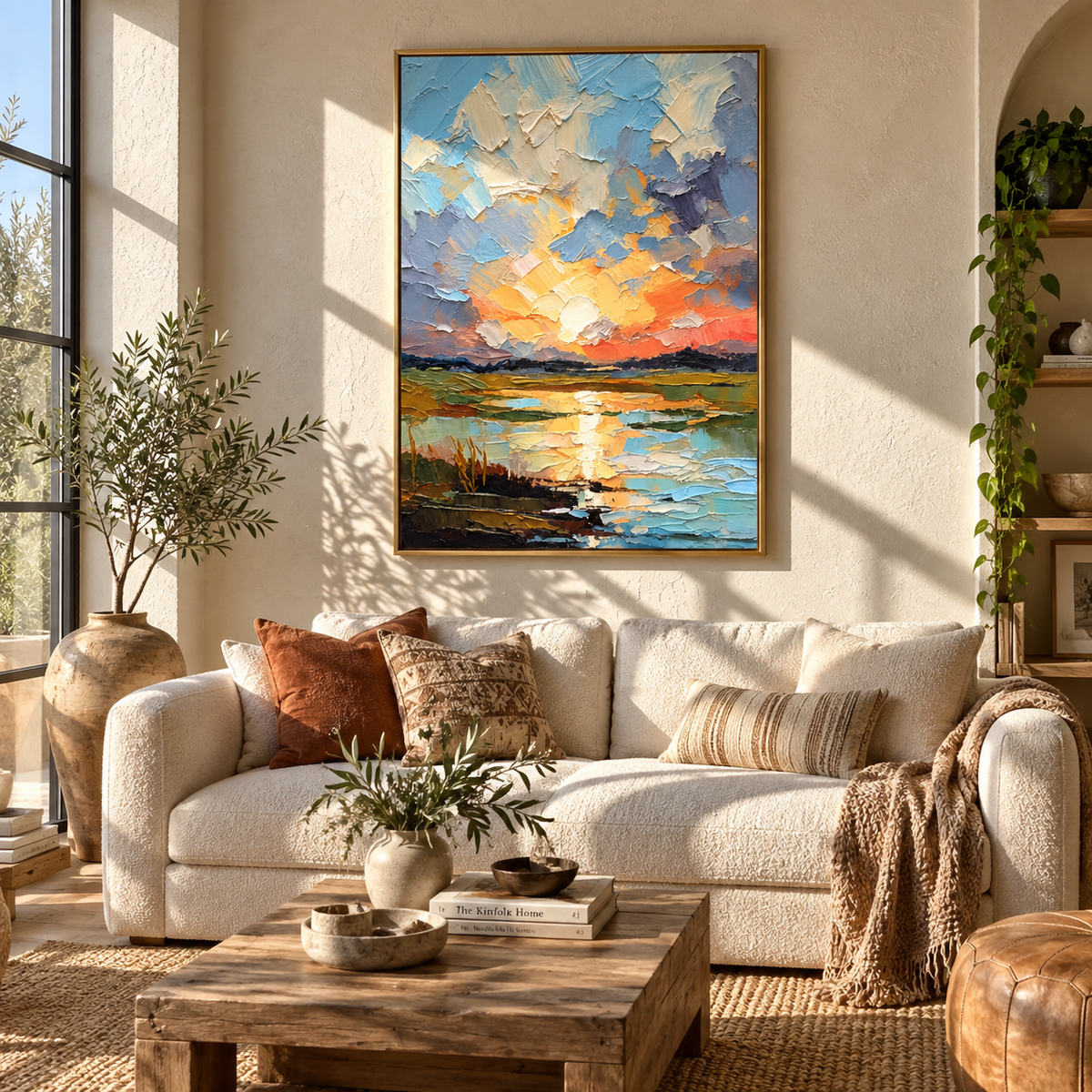 Sunset Breaks Over Water displayed with natural materials and modern decor