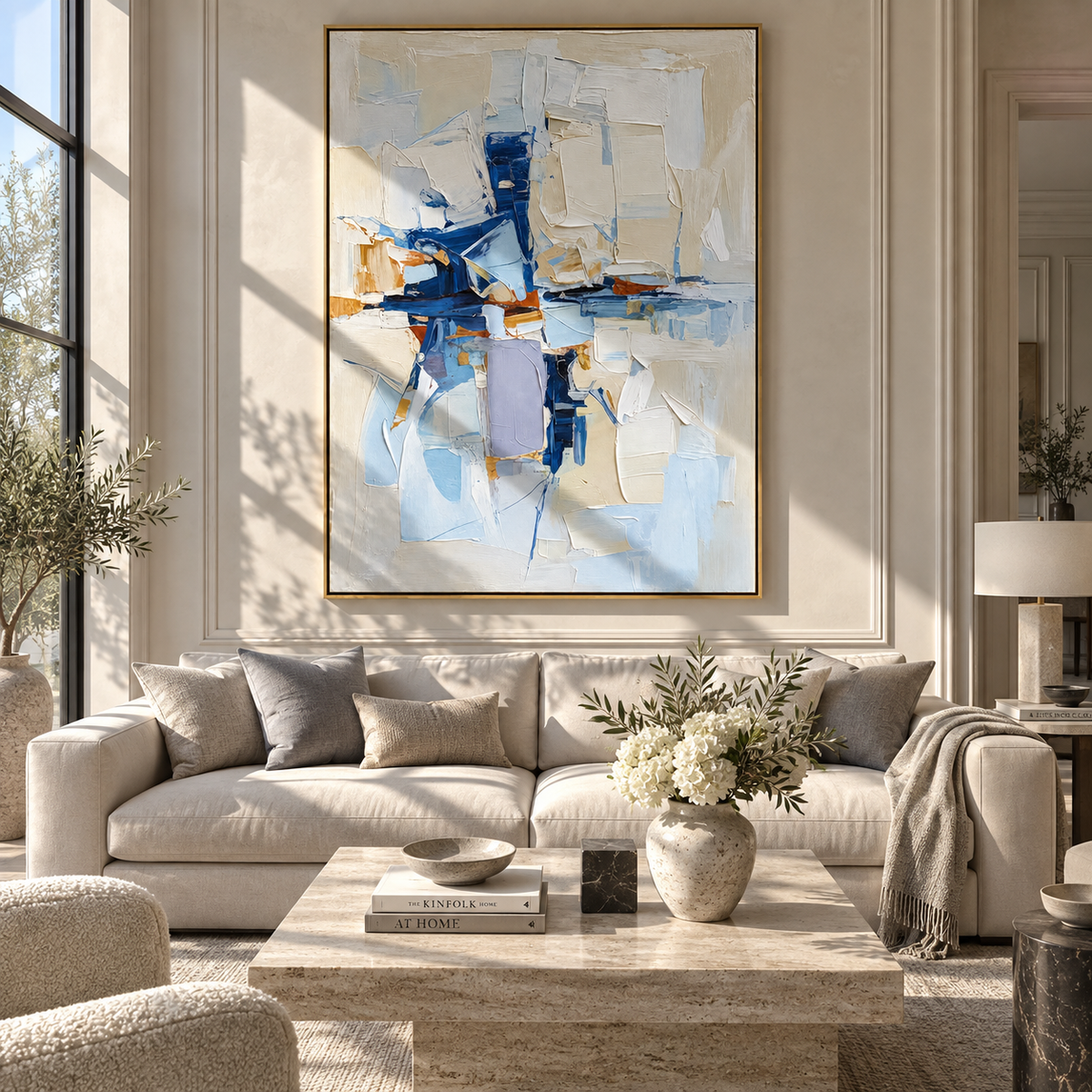 Blue Planes in Light blue white geometric abstract painting displayed in a modern interior