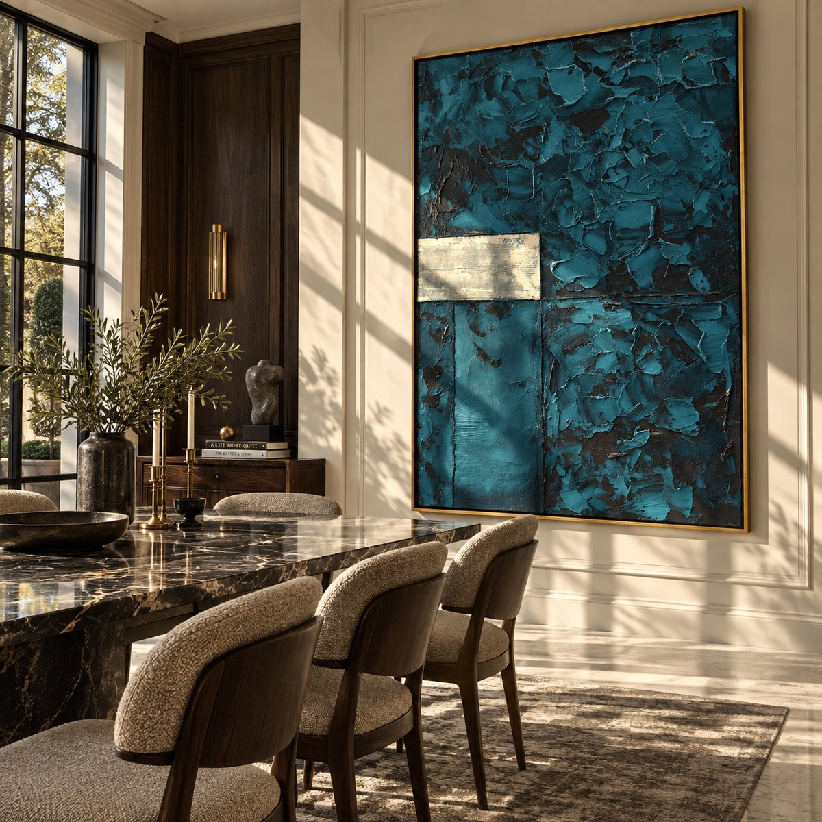 Teal Window Within dark teal minimalist abstract painting displayed in a modern interior