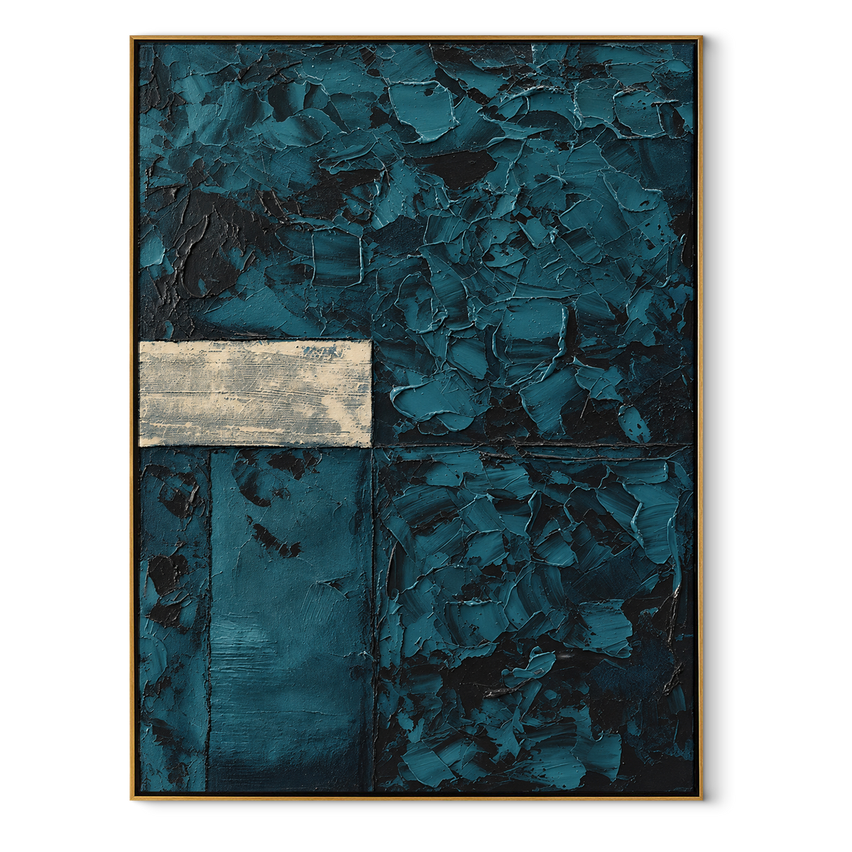 Teal Window Within vertical canvas artwork in a wood frame on white