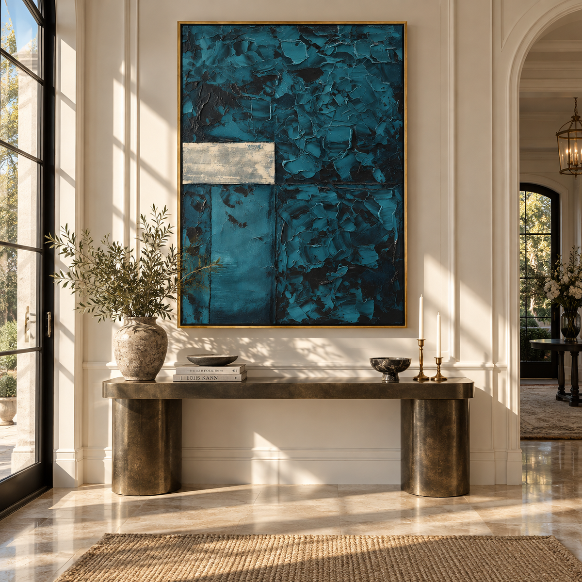 Teal Window Within displayed with natural materials and modern decor