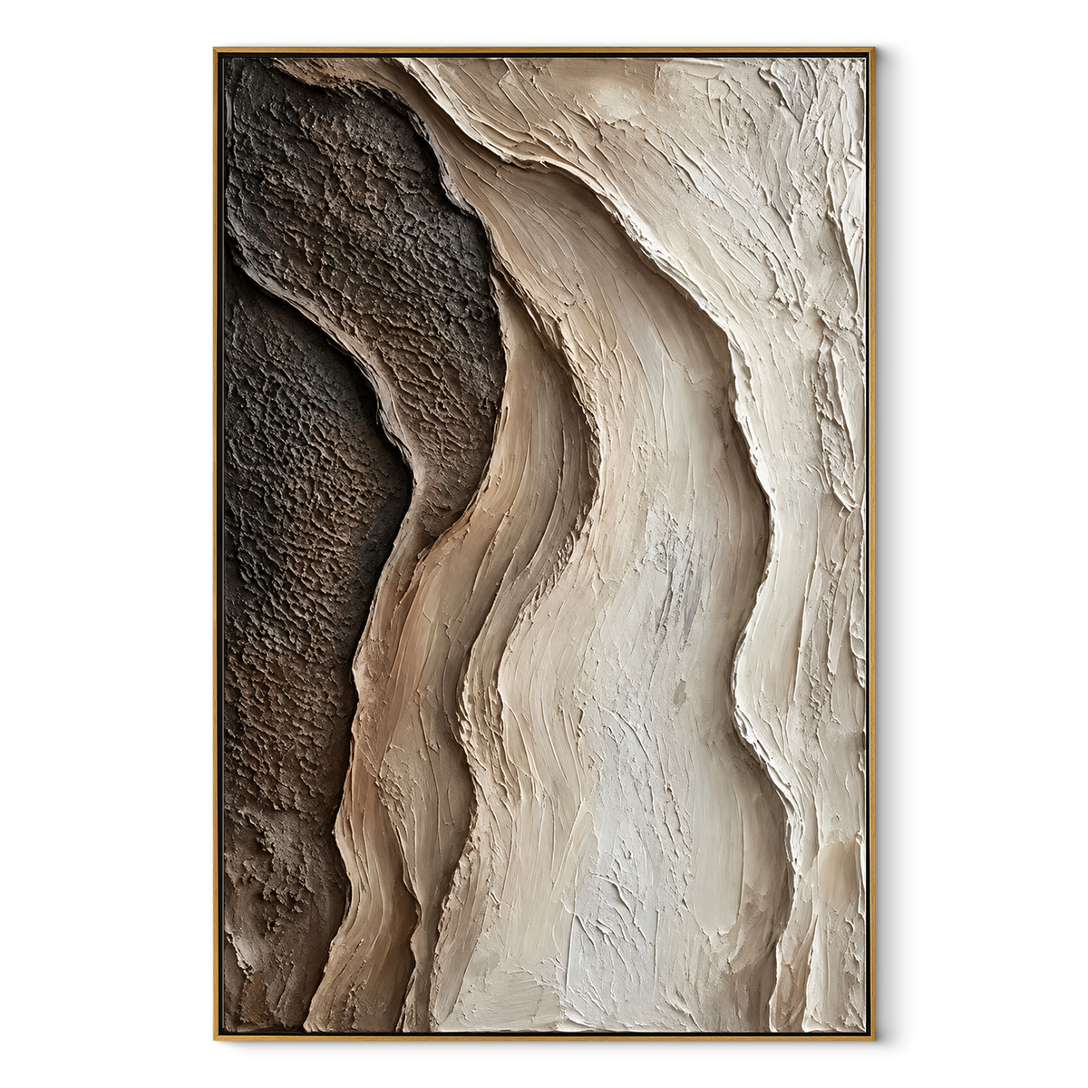 Sandstone Tides Divide vertical canvas artwork in a wood frame on white
