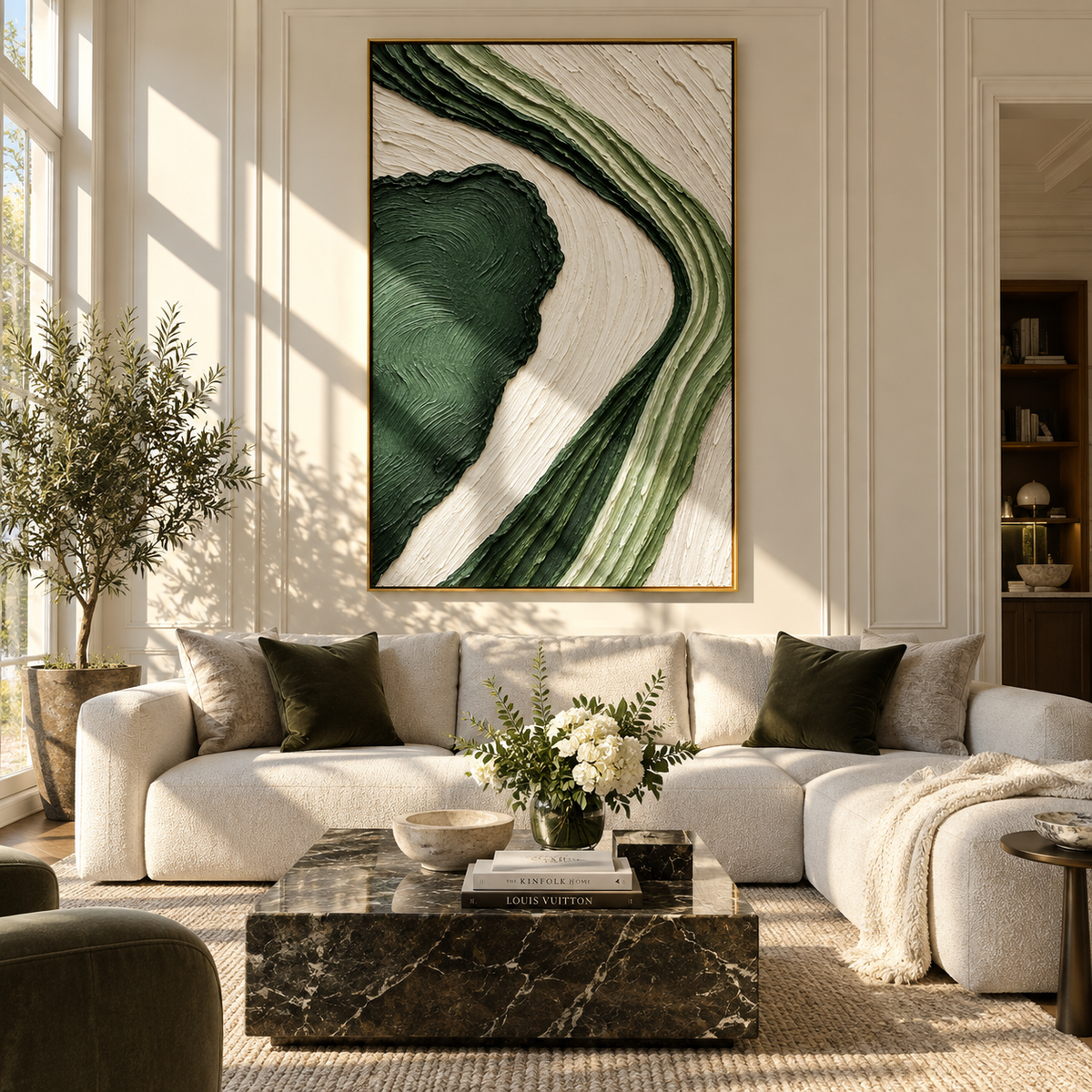 Green Current Bends green white organic abstract painting displayed in a modern interior