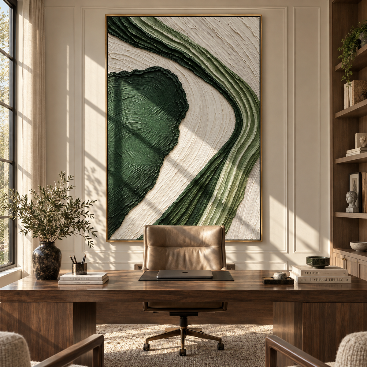 Green Current Bends textured wall art shown above contemporary furnishings