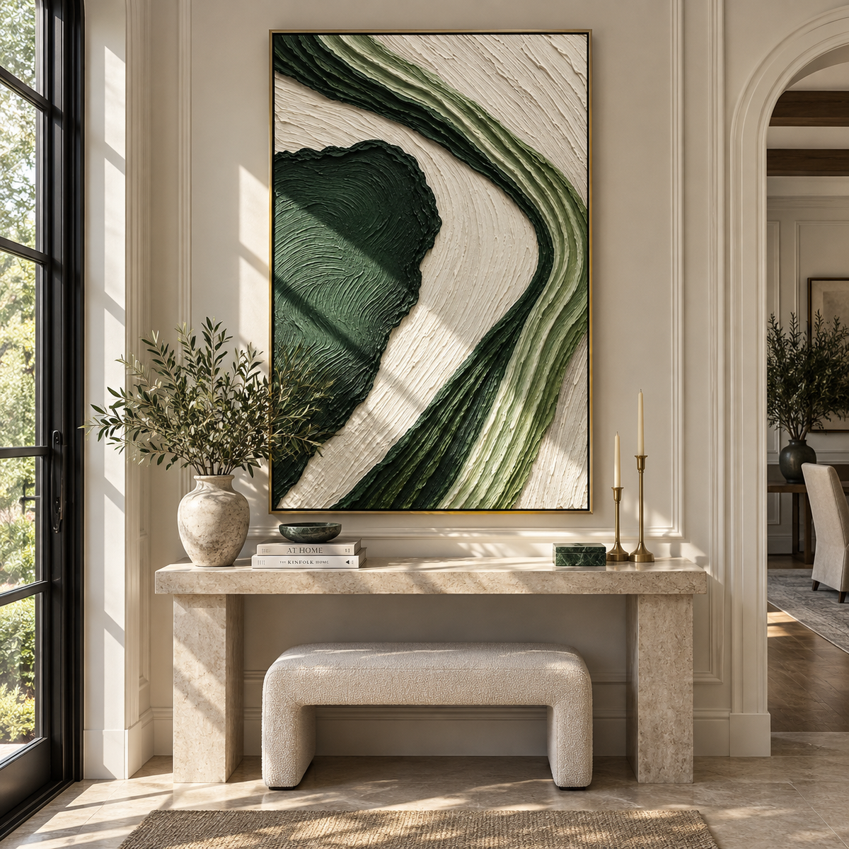 Green Current Bends vertical painting styled as a refined focal point