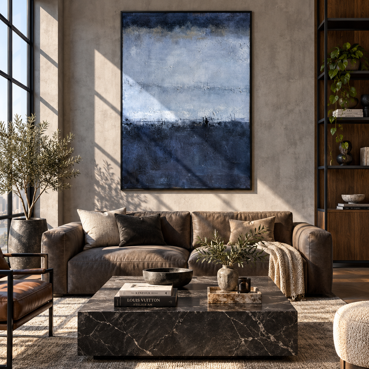 Fog Settles Over Blue displayed with natural materials and modern decor