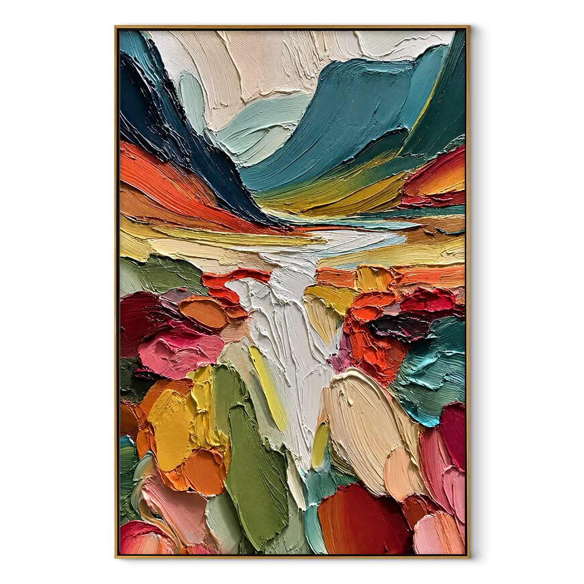 Wild Color Valley vertical canvas artwork in a wood frame on white