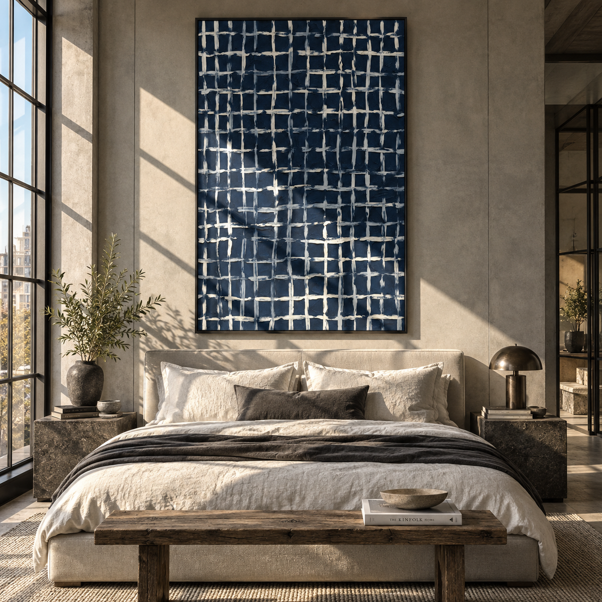 White Grid at Midnight navy white grid abstract painting displayed in a modern interior