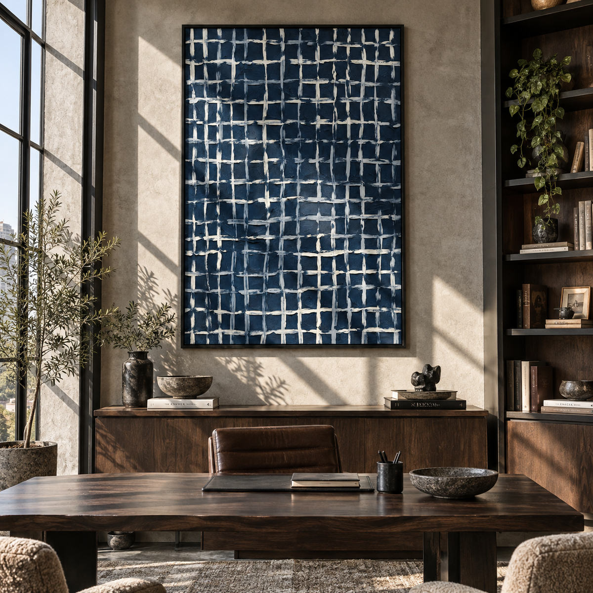 White Grid at Midnight displayed with natural materials and modern decor