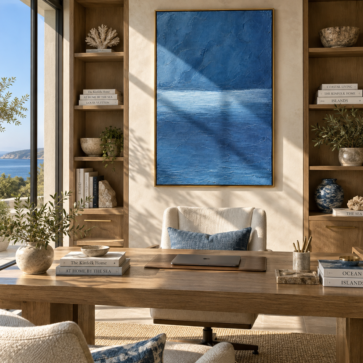 Blue Horizon Holds textured wall art shown above contemporary furnishings