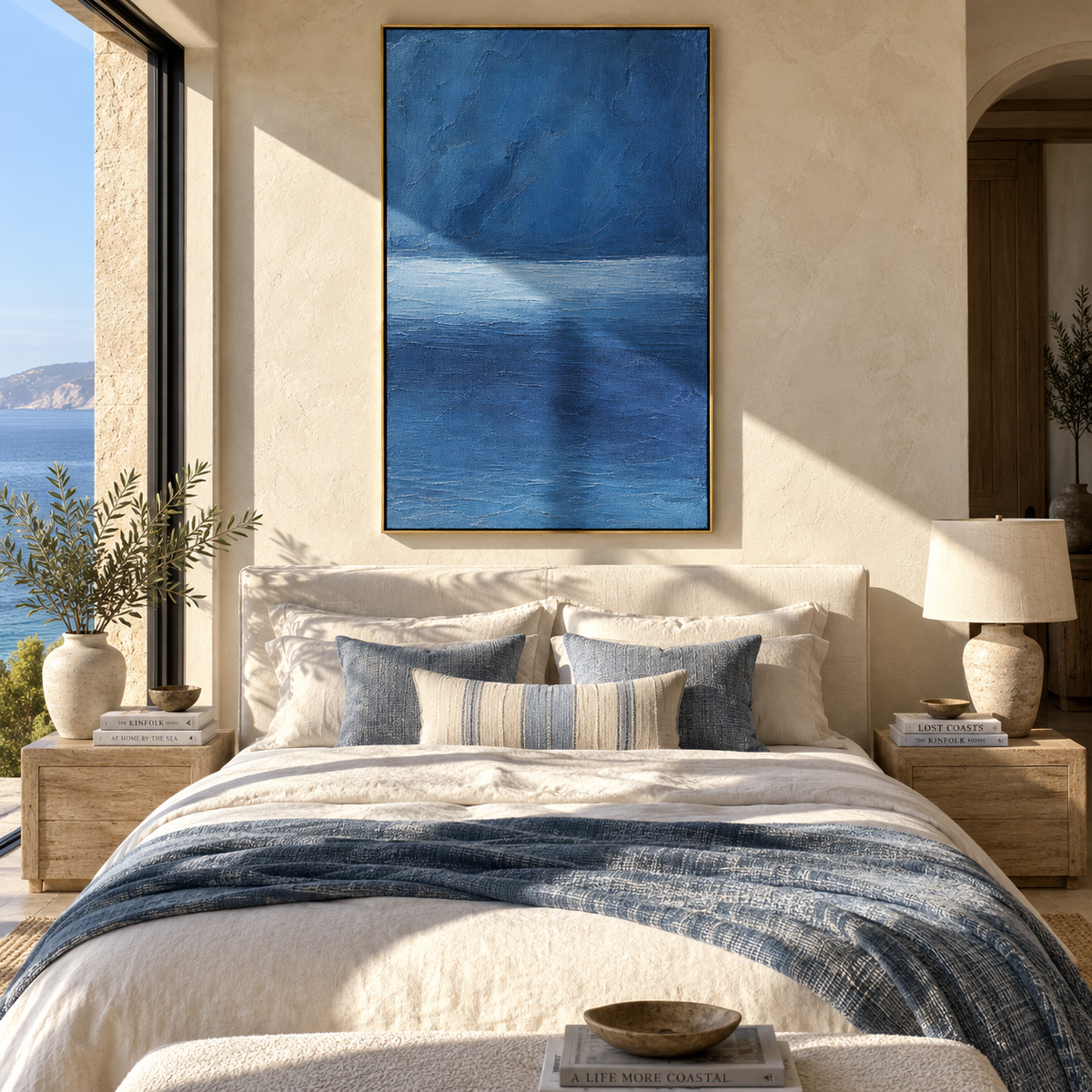 Blue Horizon Holds vertical painting styled as a refined focal point