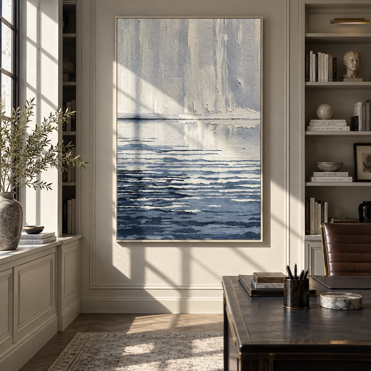 Pale Water Keeps Still white blue minimal seascape painting displayed in a modern interior