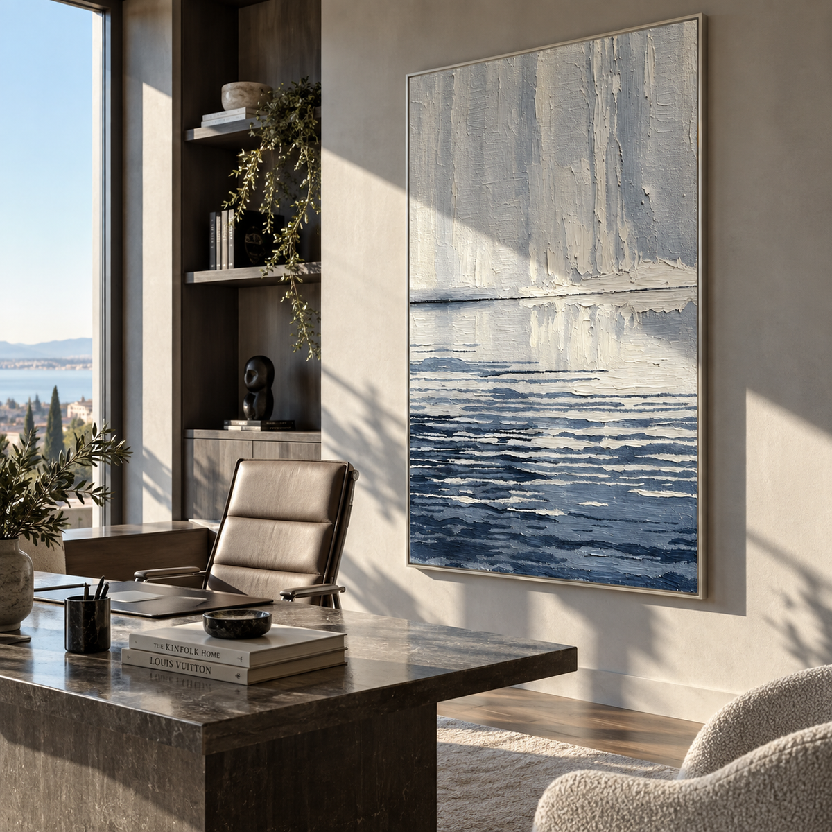Pale Water Keeps Still textured wall art shown above contemporary furnishings