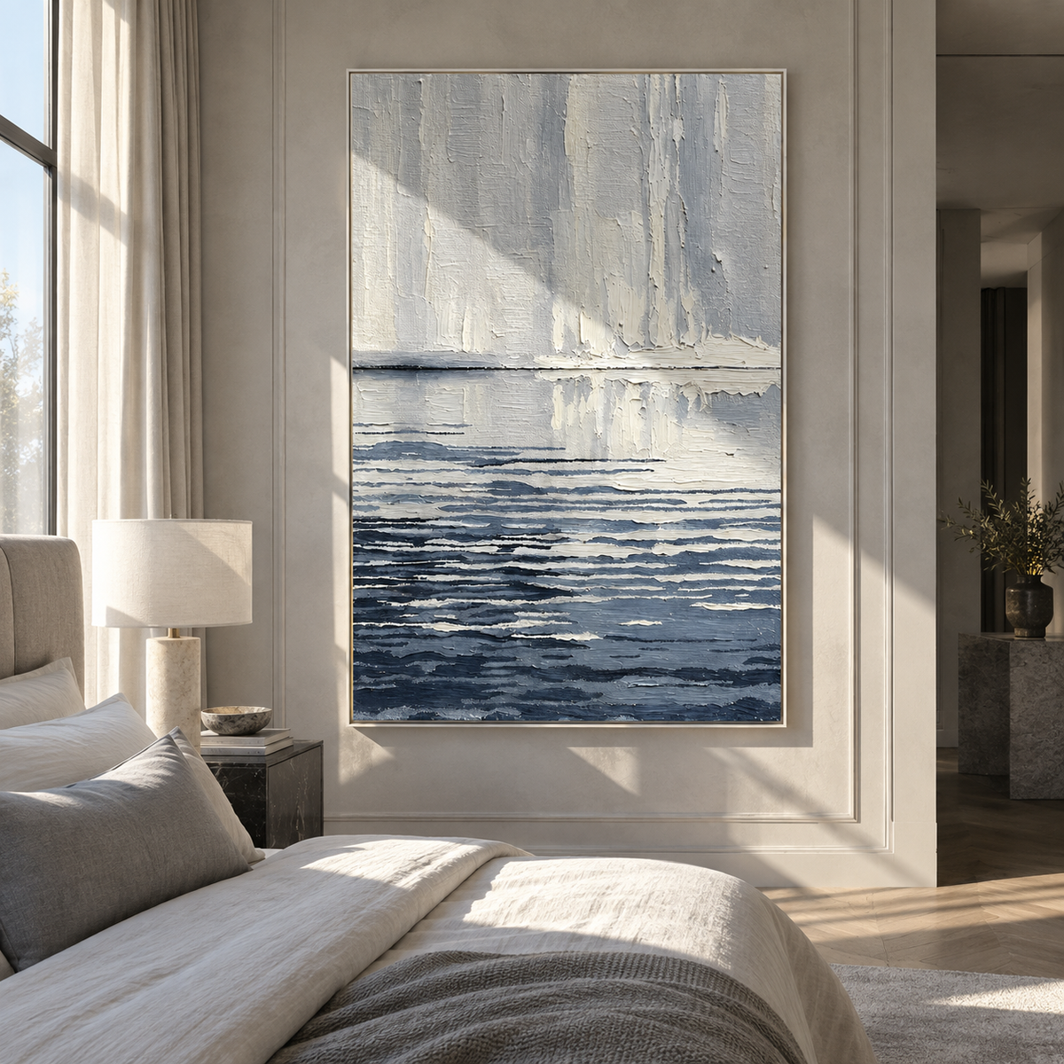 Pale Water Keeps Still vertical painting styled as a refined focal point