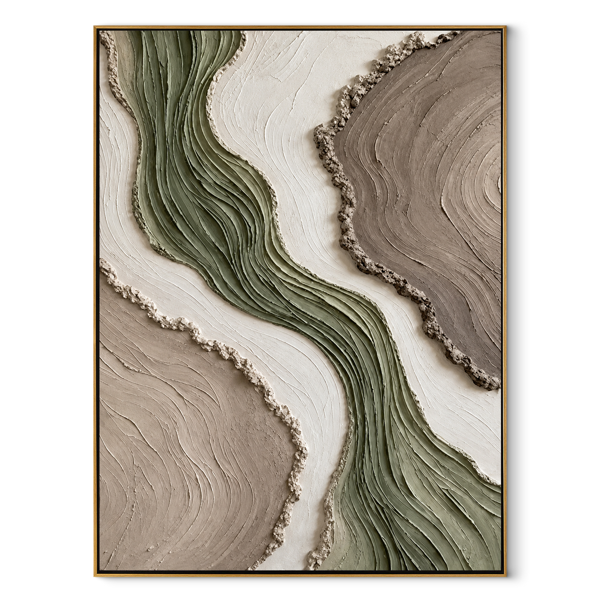 Sage Rivers Through Stone vertical canvas artwork in a wood frame on white