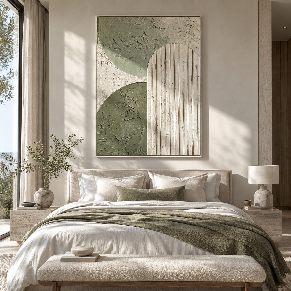 Arches Rest in Sage sage green geometric painting displayed in a modern interior
