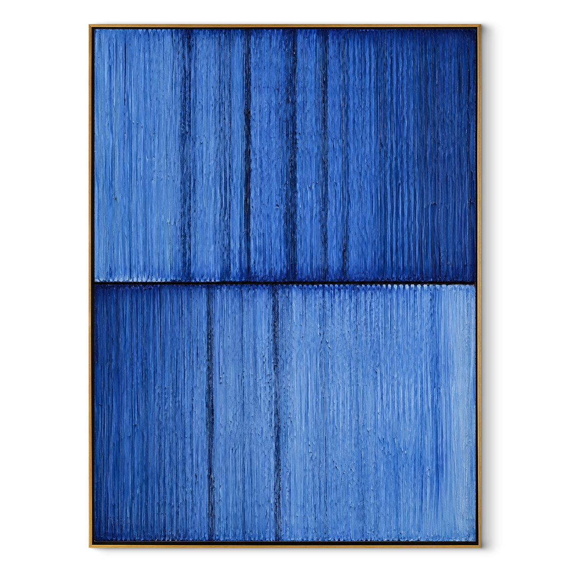 Blue Columns After Rain vertical canvas artwork in a wood frame on white