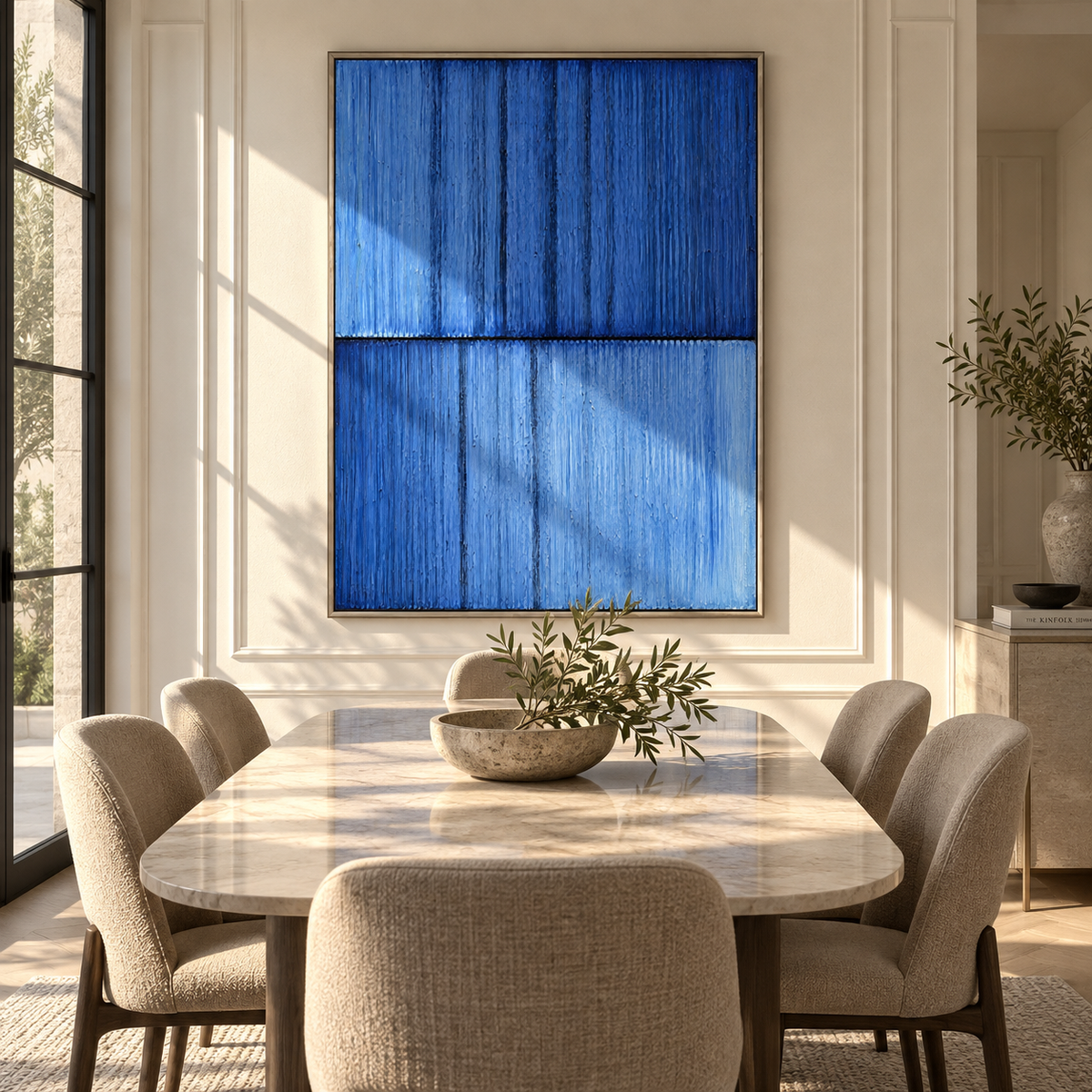 Blue Columns After Rain textured wall art shown above contemporary furnishings