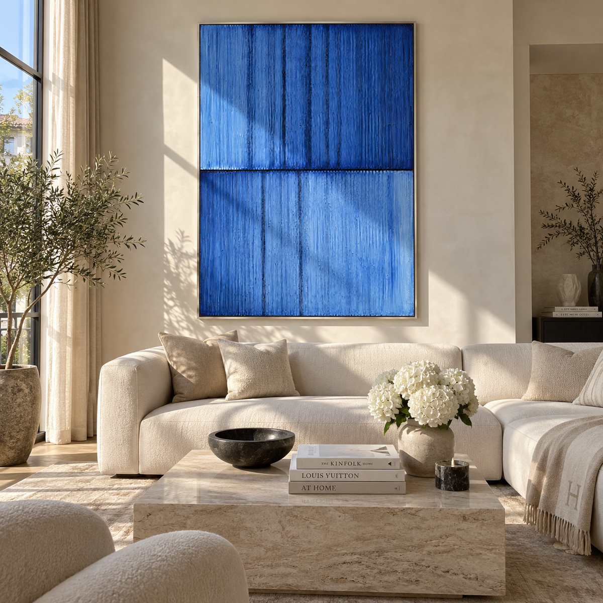 Blue Columns After Rain vertical painting styled as a refined focal point