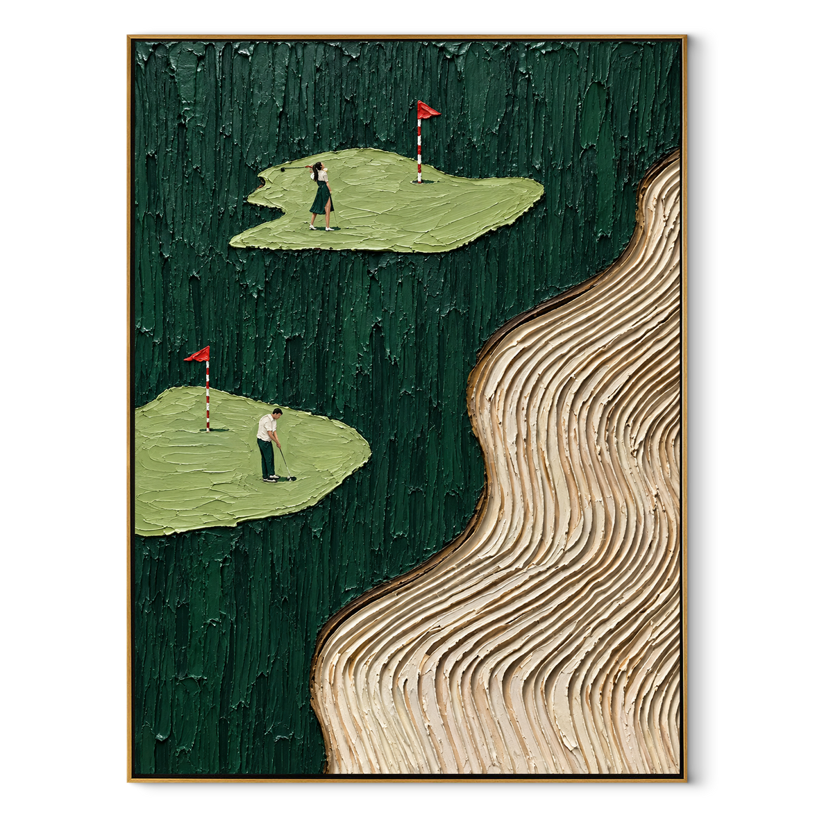 Fairways Across Green vertical canvas artwork in a wood frame on white