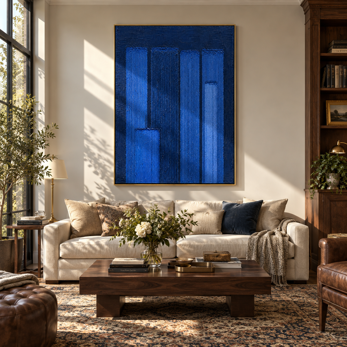 Cobalt Pillars Stand cobalt geometric minimalist painting displayed in a modern interior