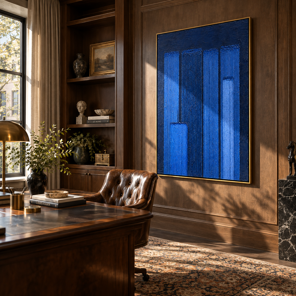 Cobalt Pillars Stand displayed with natural materials and modern decor