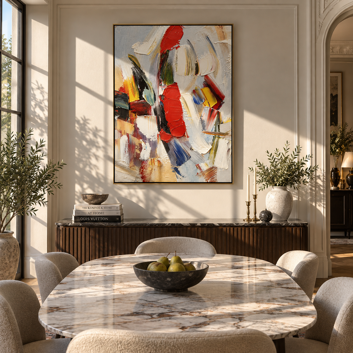 Carnival Marks Ascend textured wall art shown above contemporary furnishings