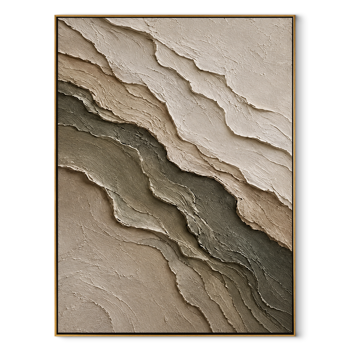 Stone Layers Drift vertical canvas artwork in a wood frame on white