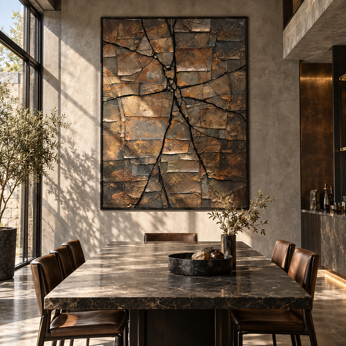 Weathered Earth Mosaic brown black earth texture painting displayed in a modern interior