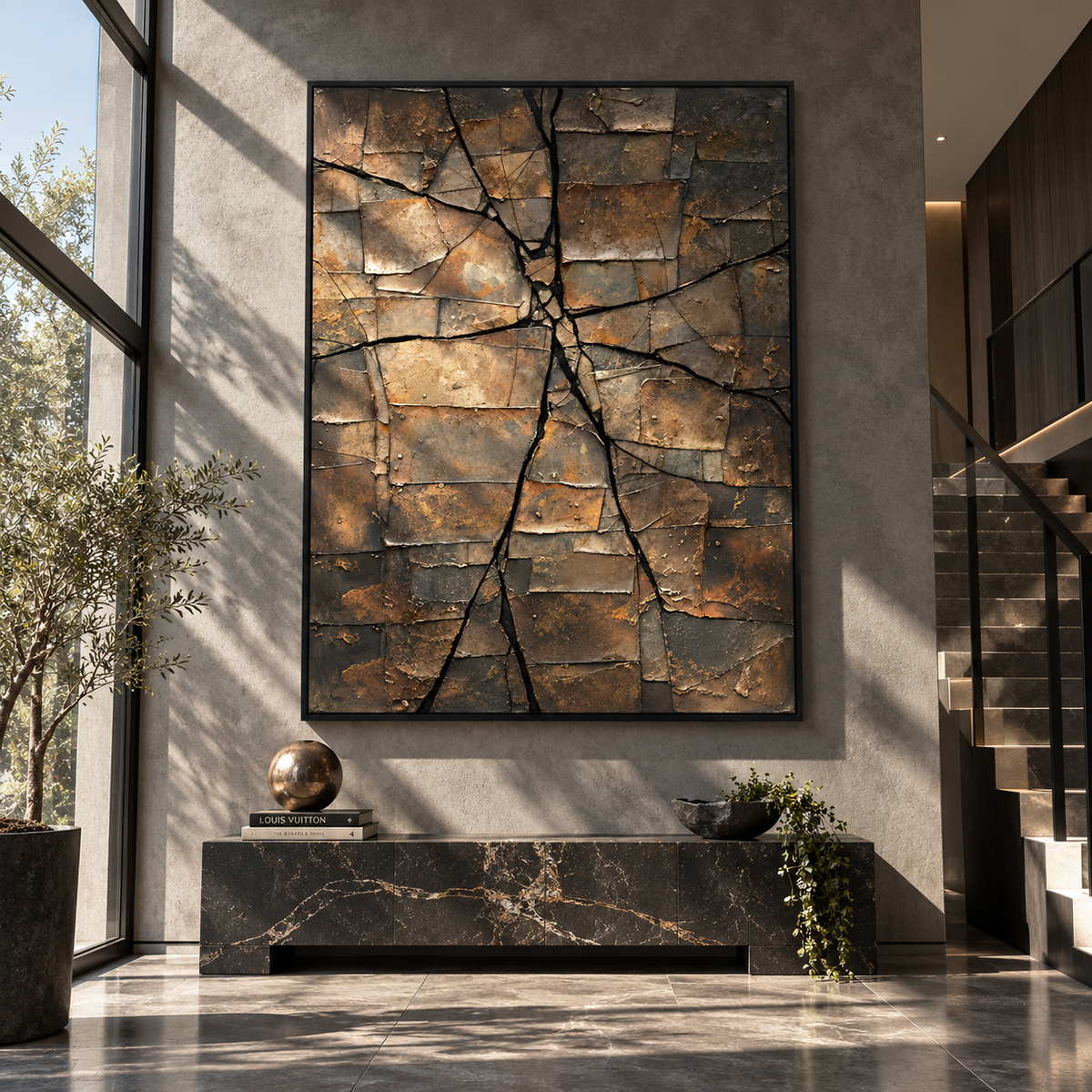 Weathered Earth Mosaic textured wall art shown above contemporary furnishings