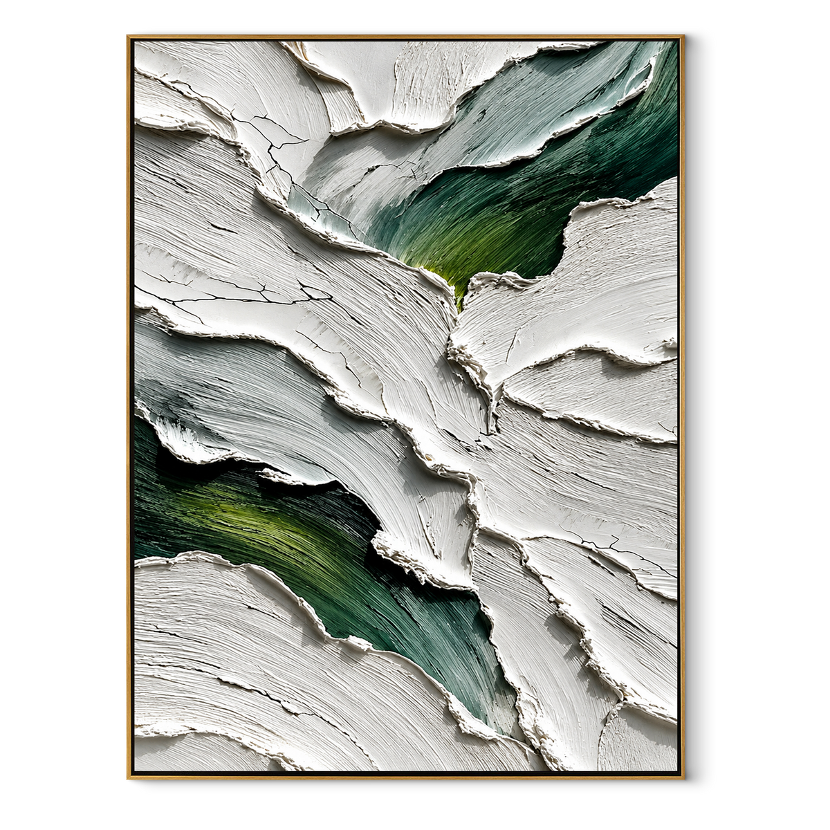 Green Fissures Through White vertical canvas artwork in a wood frame on white