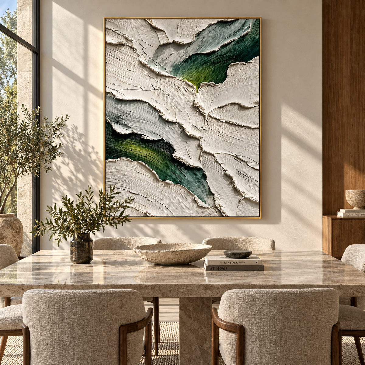 Green Fissures Through White textured wall art shown above contemporary furnishings