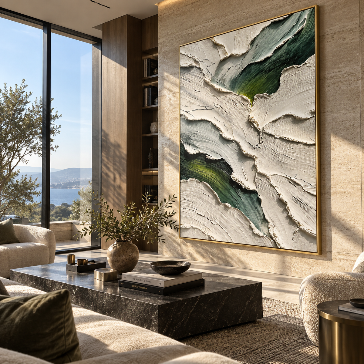 Green Fissures Through White vertical painting styled as a refined focal point
