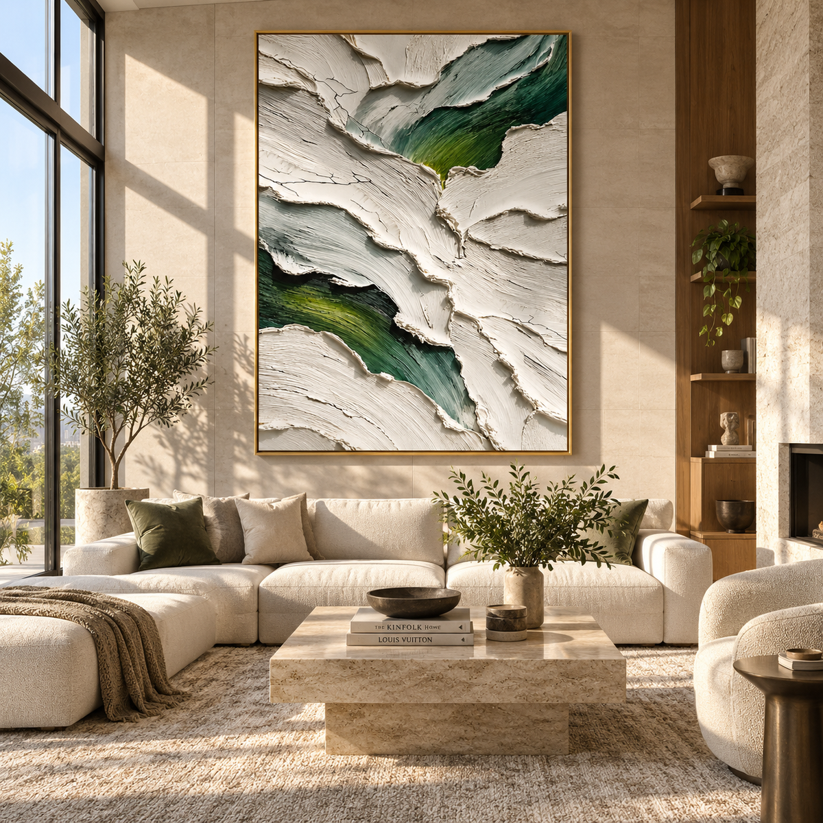 Green Fissures Through White displayed with natural materials and modern decor