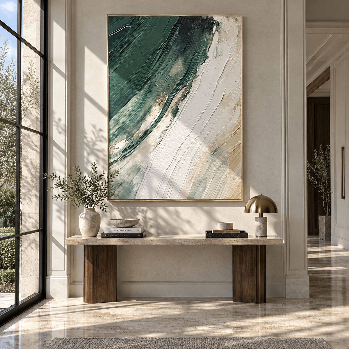 Emerald Tide Curves emerald white organic abstract painting displayed in a modern interior