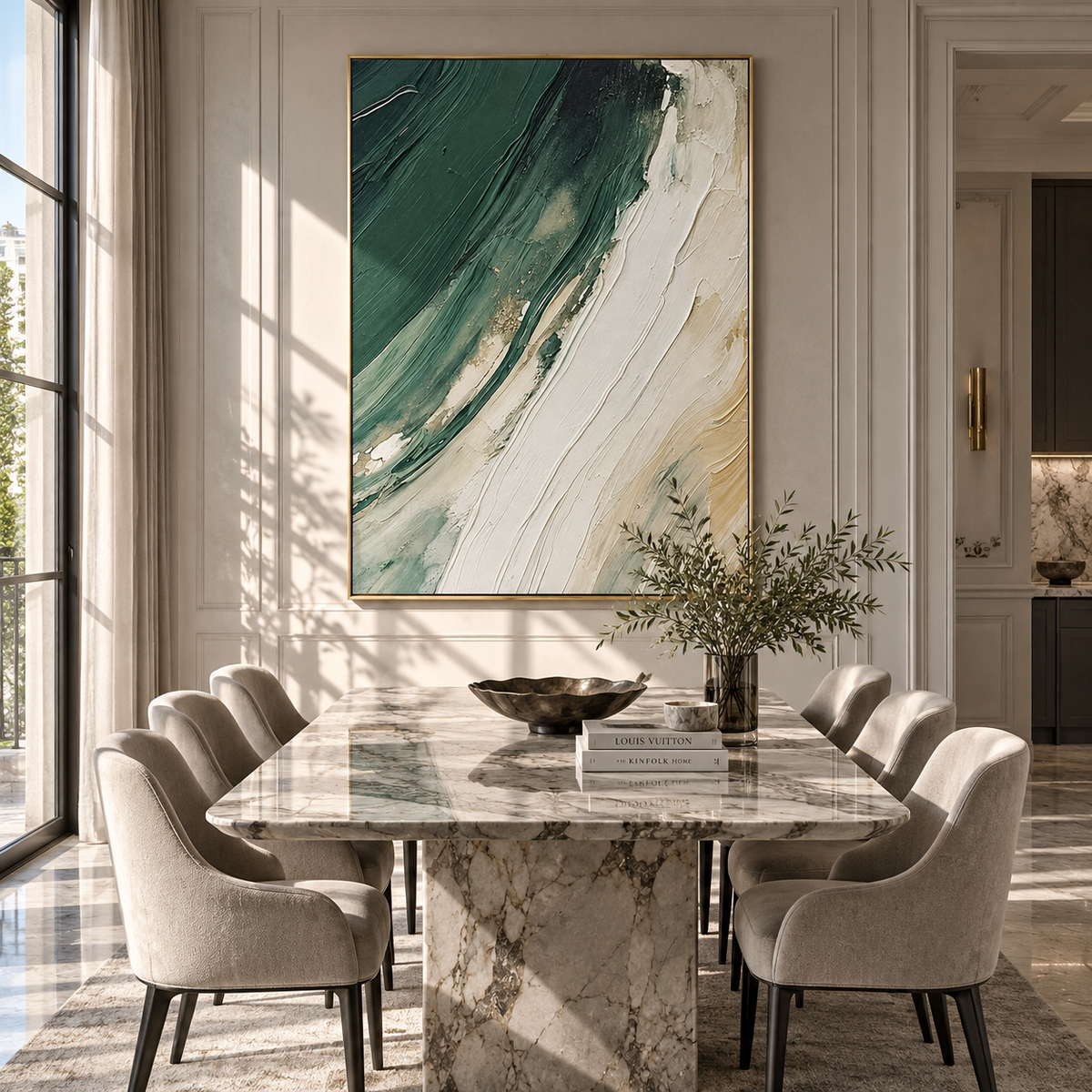 Emerald Tide Curves textured wall art shown above contemporary furnishings